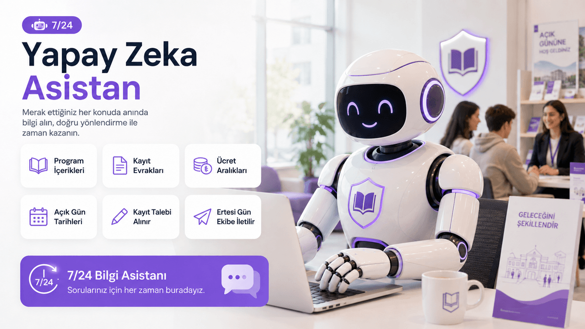 Program içerikleri, kayıt evrakları ve ücret bilgisini ileten, kayıt talebini ekibe aktaran 7/24 Yapay Zeka Asistan sesli arayüzü