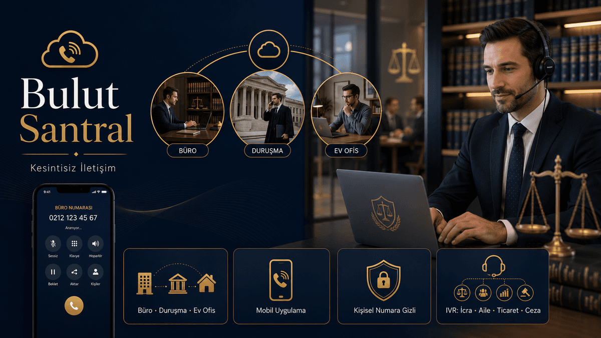 Büro, duruşma ve ev ofis arasında kesintisiz iletişim sağlayan Sanal Santral bulut altyapısı şeması