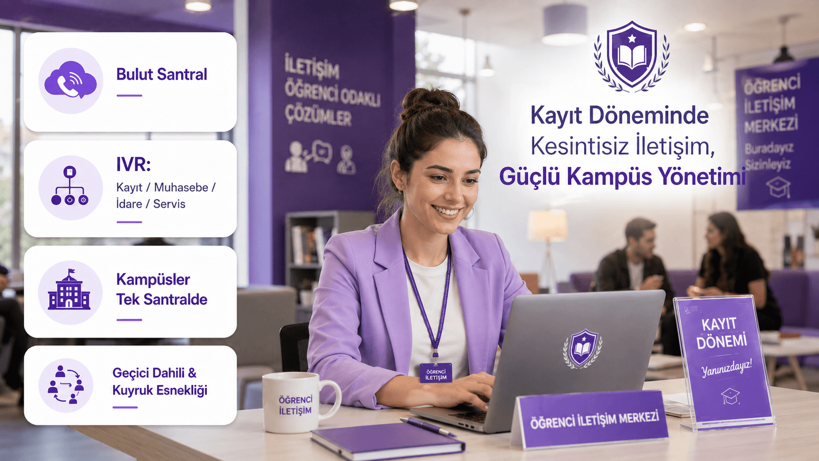 Kayıt, muhasebe, idare ve servis birimleri için IVR yönlendirmesi ve kampüsler arası tek santral yapısına sahip eğitim kurumları için Sanal Santral bulut altyapısı şeması